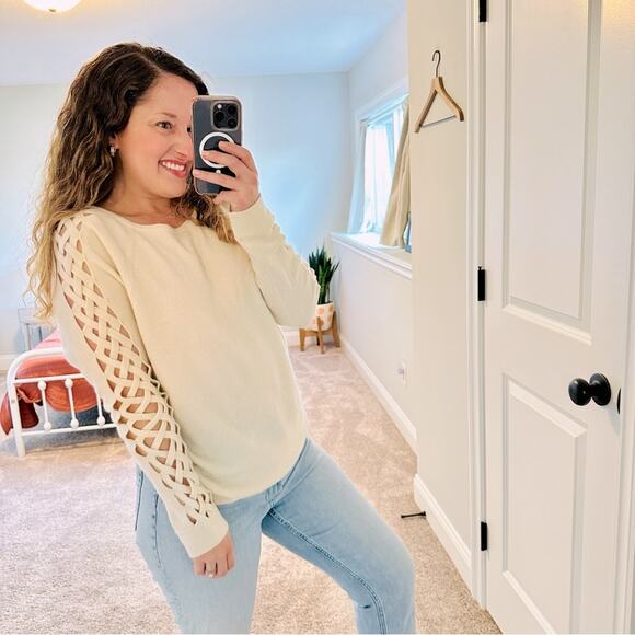 Kinross Cashmere Cream White Cross Hatch Sleeve Sweater XL - Picture 1 of 9